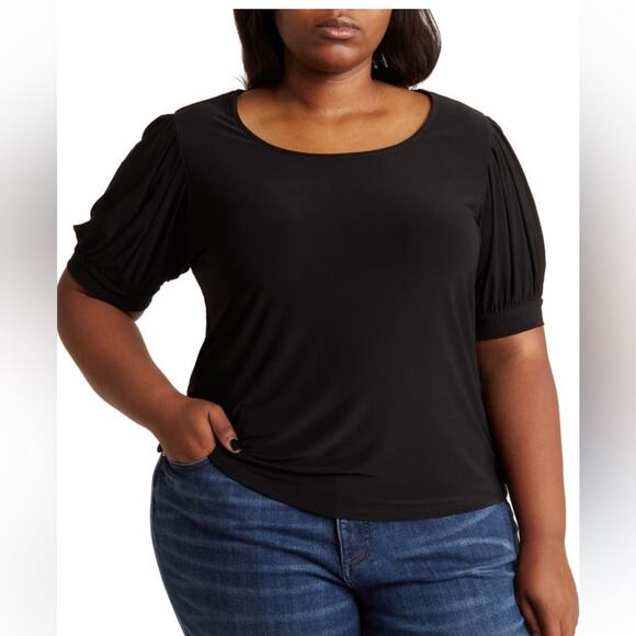 CARMEN MARC VALVO COUTURE Black Short Puff Sleeve Shirt Blouse Plus Size 1X - Picture 2 of 4